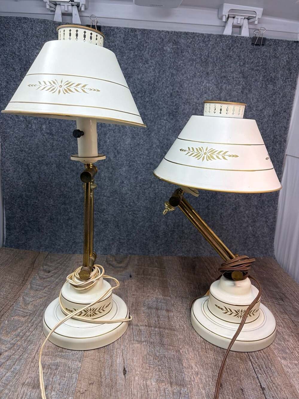 Vintage MCM Toleware Posable Side Table Lamps set of 2 brass and cream shades